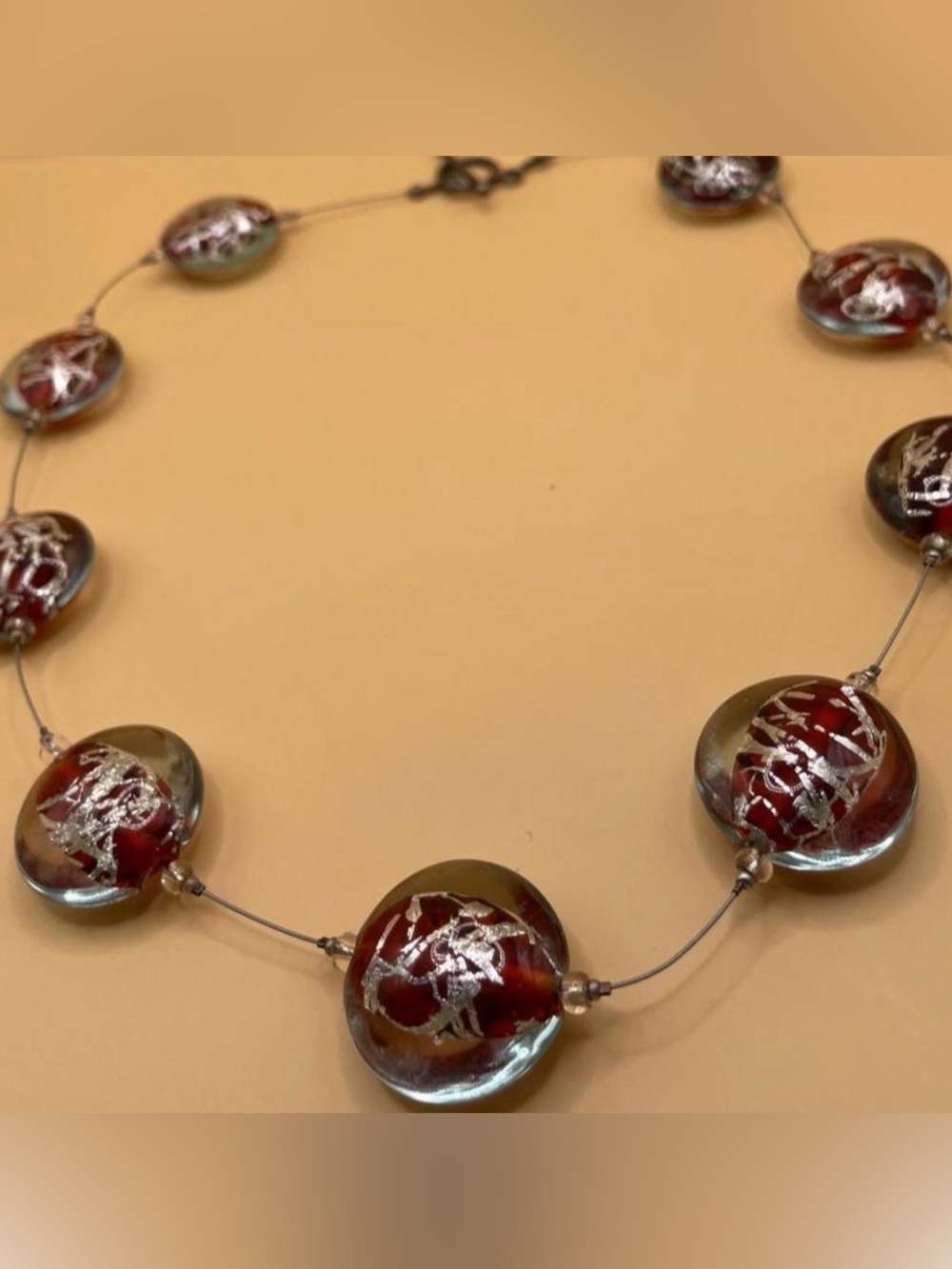 Silver and red glass bead necklace 14โ